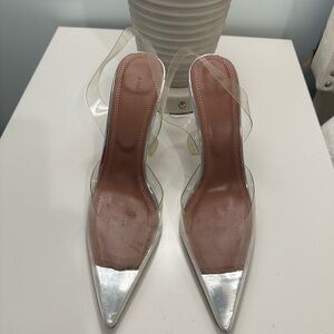 Amina Muaddi Silver and Clear Heels